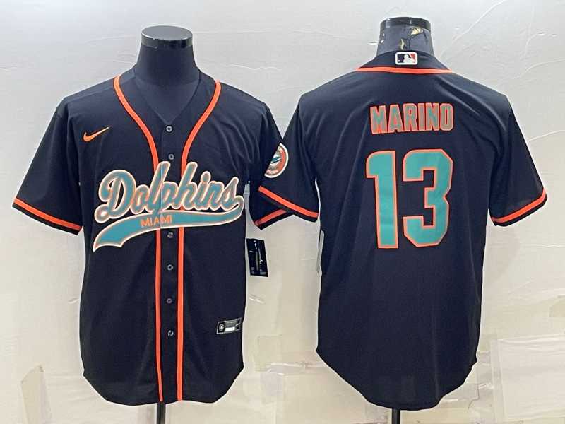 Mens Miami Dolphins #13 Dan Marino Black With Patch Cool Base Stitched Baseball Jersey